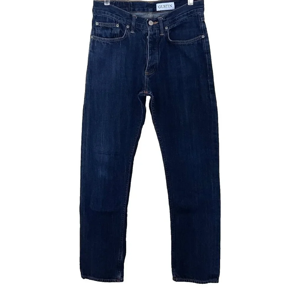 Gustin Men's Straight Jeans Washed Finish Selvedge Button Fly
